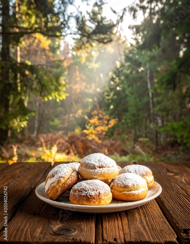 Fresh Powdered Donuts Arranged on Wooden Table in Sunlit Forest Clearing