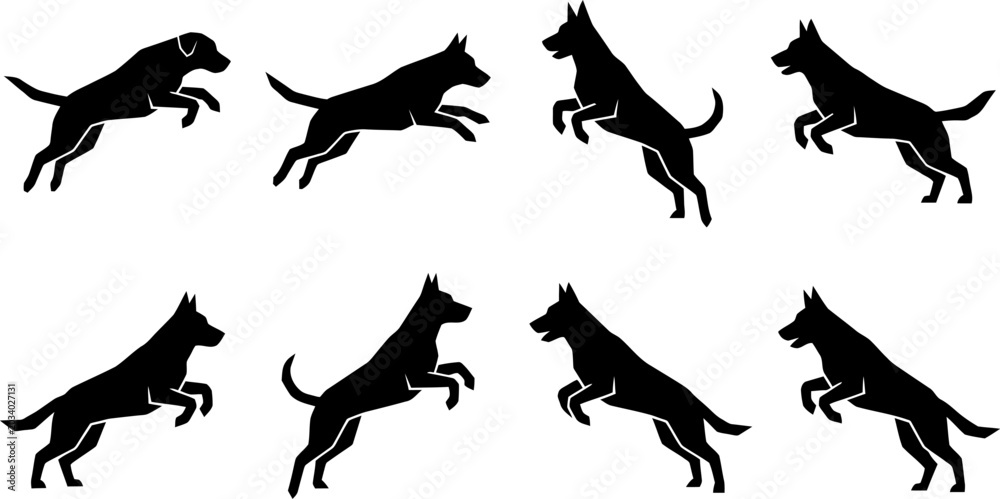 Fototapeta premium Set of black dog jumping silhouettes in various dynamic poses isolated on a white background for graphic design