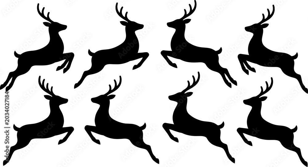 Fototapeta premium Set of graceful deer silhouettes in jumping poses for wildlife branding and nature design projects