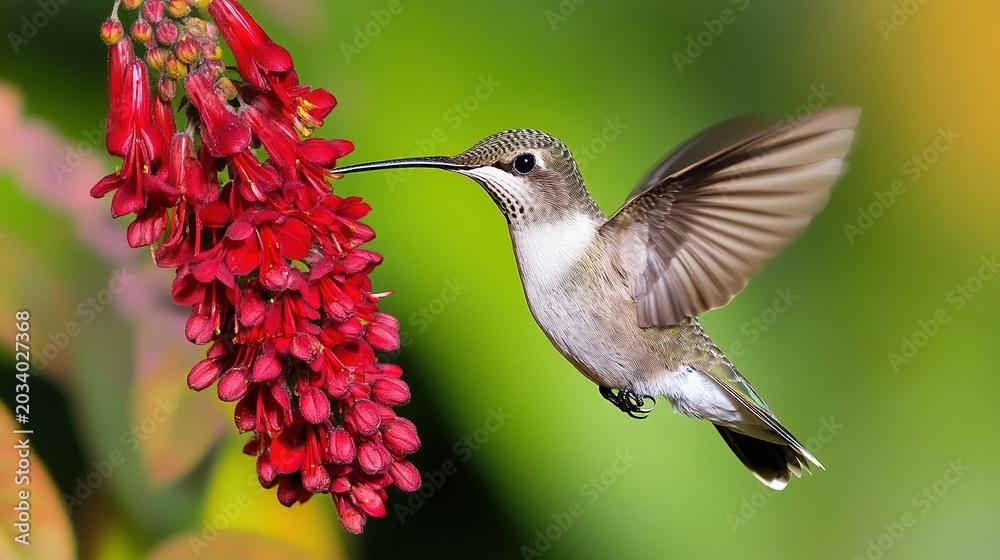 Fototapeta premium hummingbird hovers mid-air, feeding on a cluster of vibrant red tubular flowers against a soft green bokeh background, nature photography, editorial content, or decorative prints.