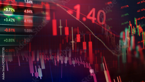 Schilderij op canvas Global financial market crash and economic recession trends are represented by declining stock exchange candlestick charts, negative percentage figures, and a falling red indicator line