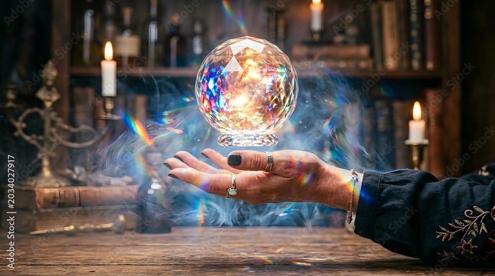 Fototapeta premium Mystical crystal ball held by a person in a dark room with glowing candles