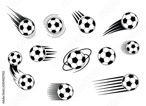 Football and Soccer Sport Flying Ball Icons Set, Dynamic Motion Sports Balls Vector Illustration Collection for Game, Tournament and Championship Design