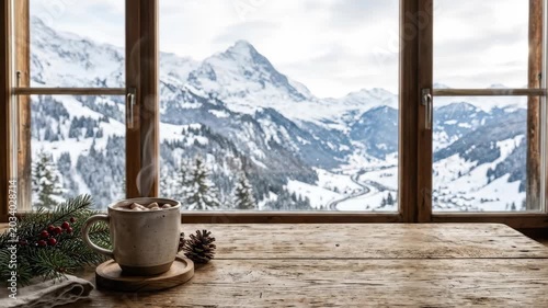 Winter seasonal tabletop with clear copy space, cozy holiday mockup for festive products, alpine travel campaigns and home comfort branding, inspired by snowy mountain landscape with empty wooden