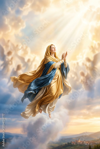Virgin Mary ascending with hands clasped under heavenly light  