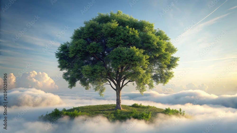 Fototapeta premium Tree isolated on white background with few misty clouds