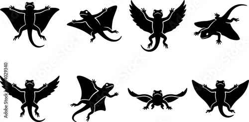 Photos Collection of flying dragon lizard silhouettes showing various gliding poses and