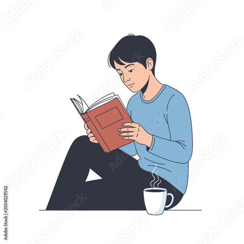 Young person reading book with coffee cup isolated on white background