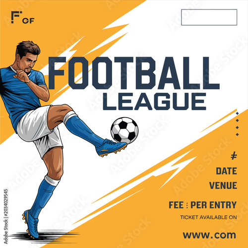 Football Soccer League Flyer Template, Sports Tournament Poster Design with Soccer Ball, Stadium Lights and Match Schedule for Championship Promotion