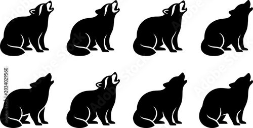 Foto Set of howling wolf silhouettes in sitting and calling positions for wilderness