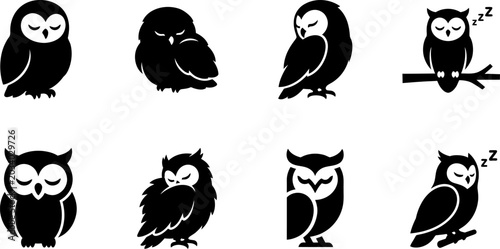 Fotografi Set of sleeping and resting owl icons in flat vector style for night themed desi