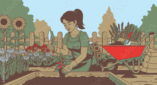 Woman gardening planting flowers in sunny outdoor garden scene vector artwork