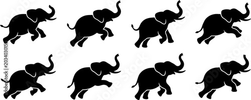 Foto Collection of black elephant silhouettes in walking and dynamic poses for animal