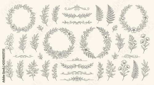 Elegant botanical elements in a vintage black and white illustration style, featuring floral wreaths, delicate branches, and ferns