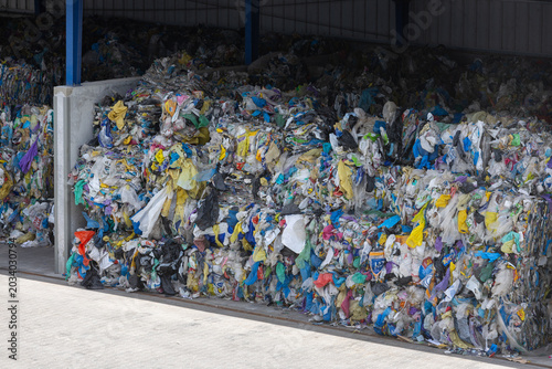 Konstfotografi Stored plastic waste prepared for recycling and material recovery
