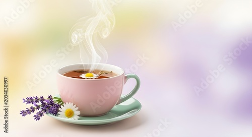 Soothing Hot Tea with Lavender and Chamomile for Mental Health Awareness, Calm Lifestyle at Home, Close-Up View