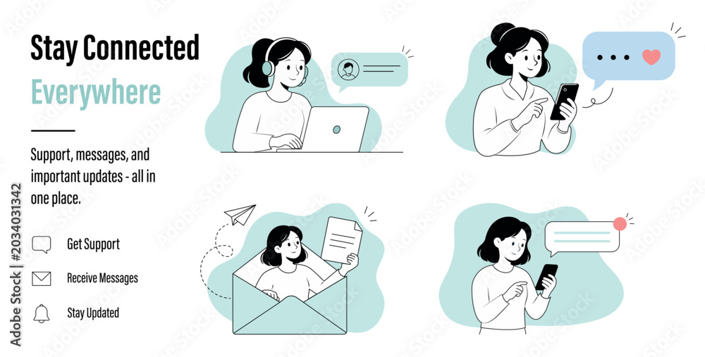 Fototapeta premium Woman Online Communication Set With Smartphone Email And Customer Support