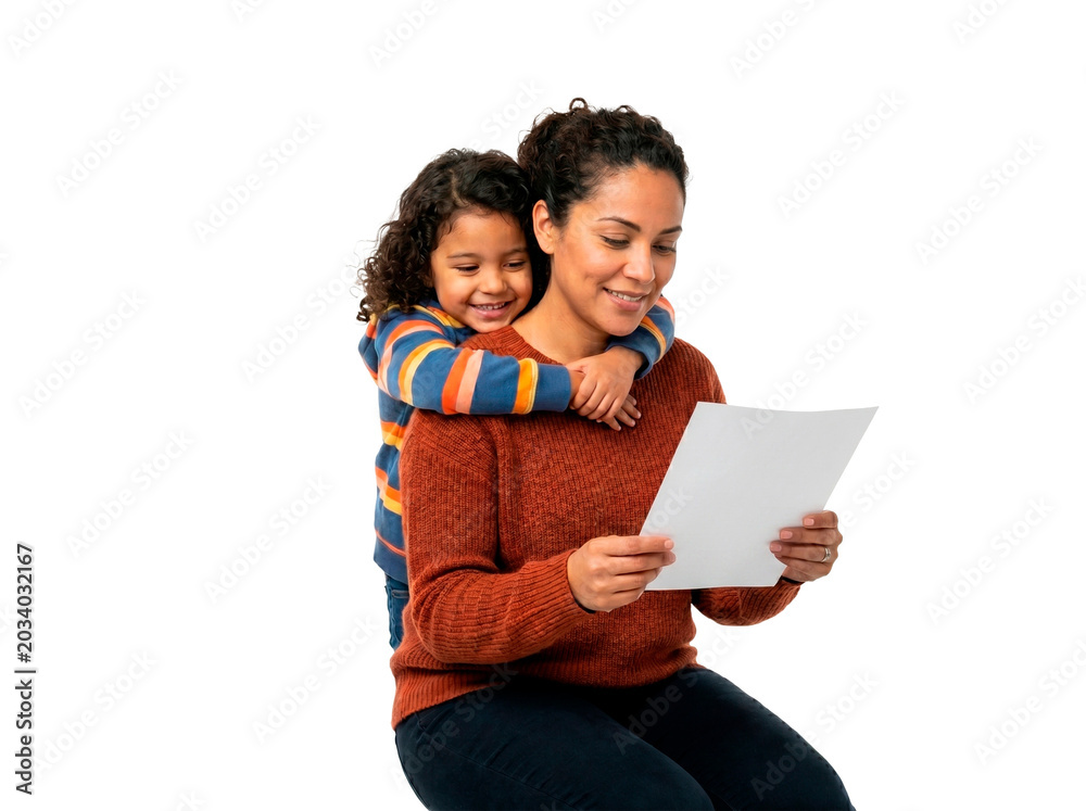 Fototapeta premium Mother and child reading a document together with affection and joy PNG Isolated on transparent background