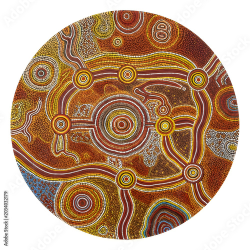 Circular aboriginal dot painting art with earth tones, wall art