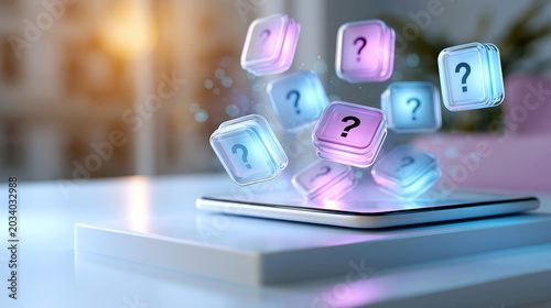 A glowing softly defocused AI medical chatbot interface with floating diagnostic question tiles drifts above a clean bright pastel platform in calm daylight AI chatbot faceless