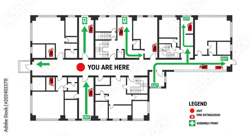 Office building emergency evacuation floor plan with exit routes