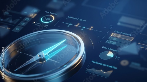 Digital compass interface showing real-time navigation data and performance analytics against a dark blue technological background, representing direction and data-driven decision making.