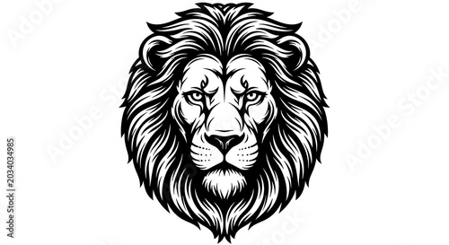 Majestic black and white lion head illustration representing power, strength, and wild animal spirit. Detailed monochrome vector art.