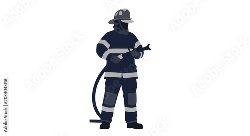 Silhouette of a firefighter in uniform holding a hose