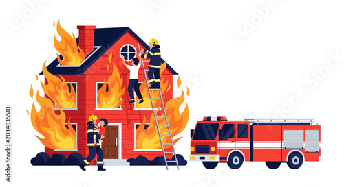 Firefighters rescuing person from burning house with fire truck nearby