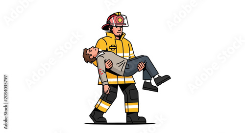 Firefighter carrying rescued man in emergency situation illustration