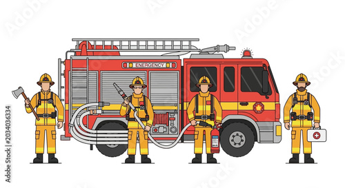Team of firefighters in uniform standing by fire truck illustration