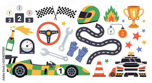 Race Car Competition Vector Set, Racing Sport Elements with Speed Car, Trophy, Helmet, Victory Podium, Checkered Flags and Automobile Track for Championship Design