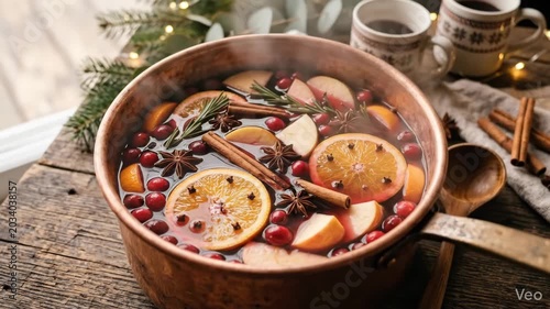 Top view of copper pot with red mulled wine, orange, apple, cinnamon, star anise, rosemary and cranberries, festive winter drink styling with cozy holiday mood, soft warm light, realistic food detail,