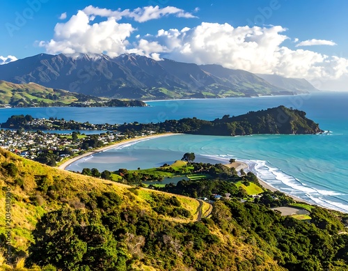 Scenic coastal landscape with mountains ocean.