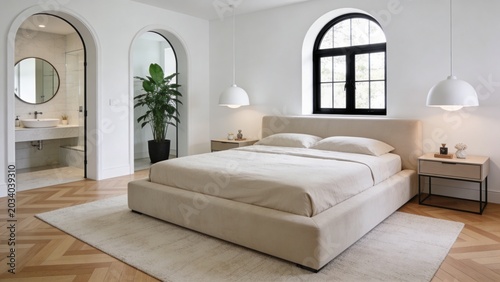  depicts a modern, minimalist bedroom with a neutral color palette. The room features a large, beige upholstered bed centered