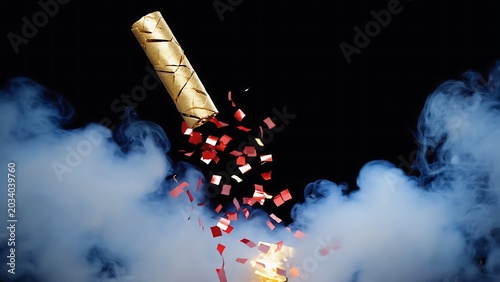 Golden party popper with confetti explosion
