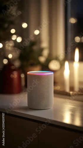 Sleek smart speaker with colorful LED ring is placed on wooden surface, surrounded by soft candlelight, blurred festive lights. Scene blends modern technology with warm, inviting atmosphere