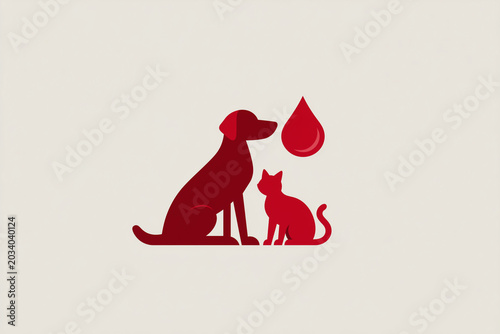 Red Silhouette of Dog and Cat Sitting Together with Blood Drop on Beige Background