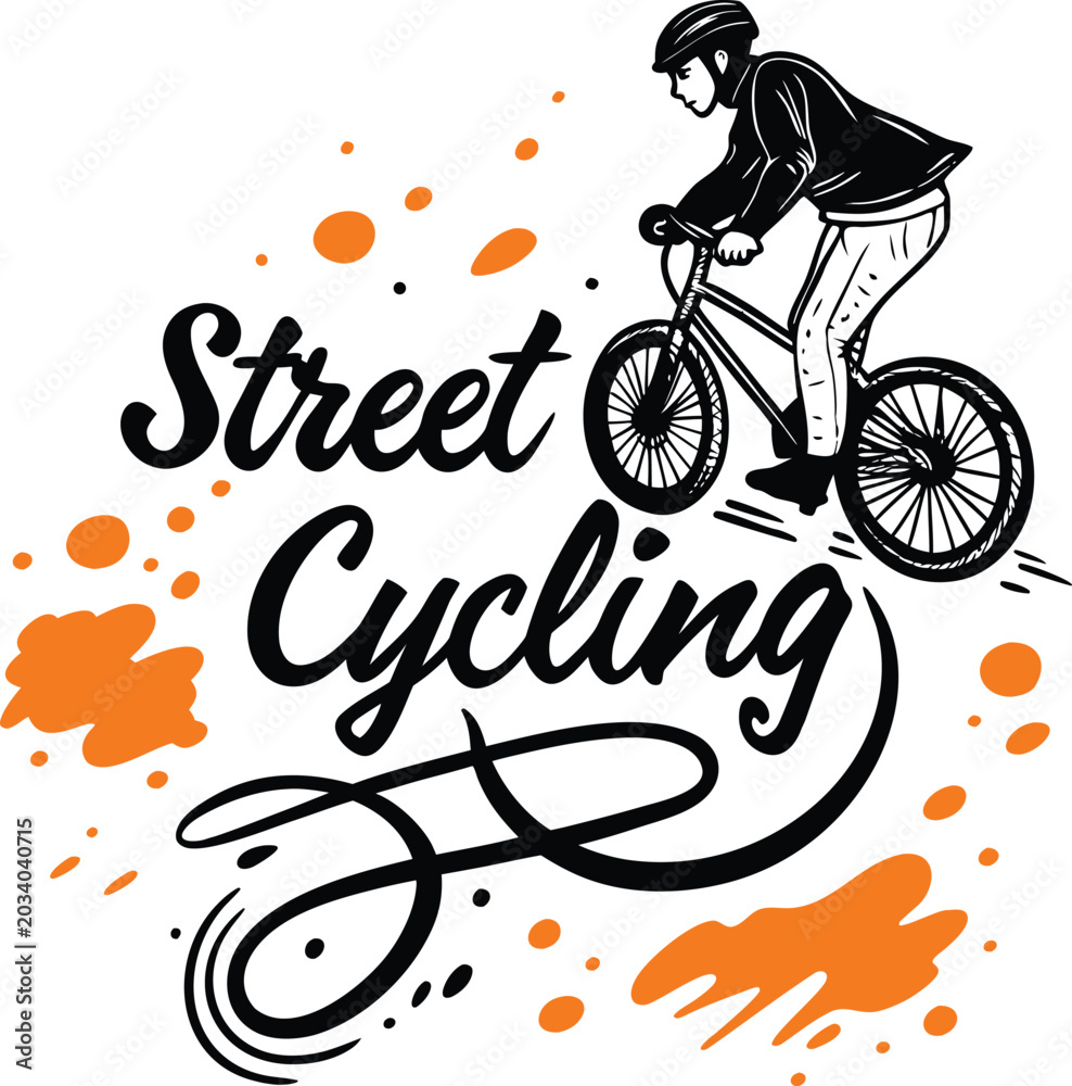 Fototapeta premium Street cycling vector illustration of biker riding bicycle through orange ink splashes.