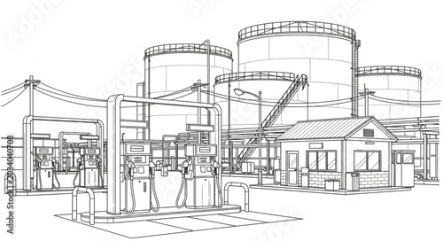 Line Drawing of Modern Urban Cityscape with Buildings.