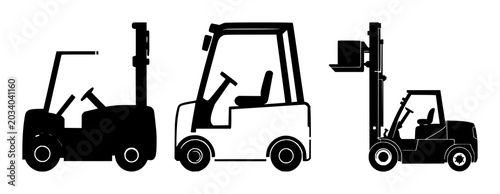 Fotografie Warehouse forklift set with solid black icon on white background featuring singu