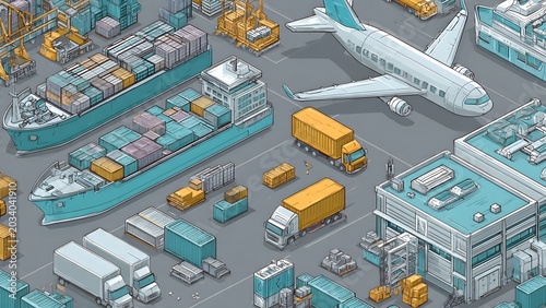Aerial View of Busy Airport with Planes and Cargo Vehicles.