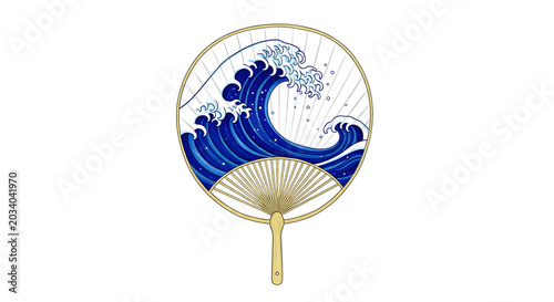 Traditional japanese hand fan with ocean wave art