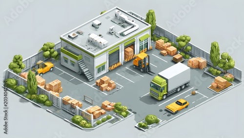 Modern Warehouse with Delivery Truck and Loading Area.