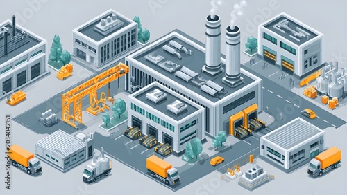 Modern Industrial Factory Complex with Trucks and Buildings.