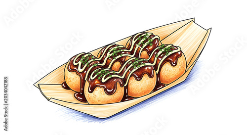 Takoyaki octopus balls in a bamboo boat container