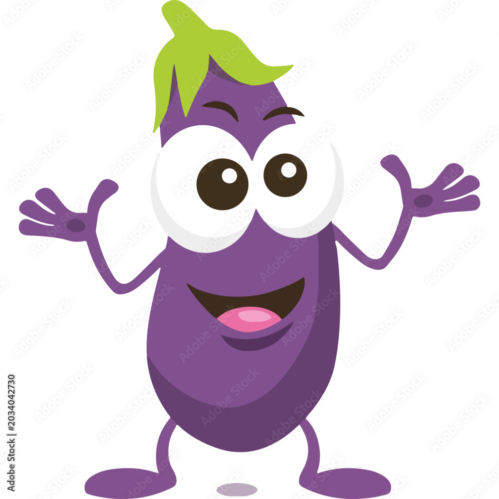 Fototapeta premium Vibrant and cheerful cartoon eggplant character, exuding friendliness with a wide smile and open arms, perfect for illustrating healthy eating concepts and playful food designs