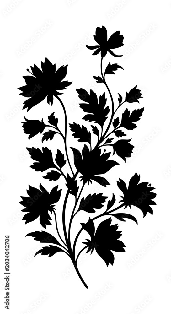 Fototapeta premium Black floral silhouette with flowers and leaves isolated on white background