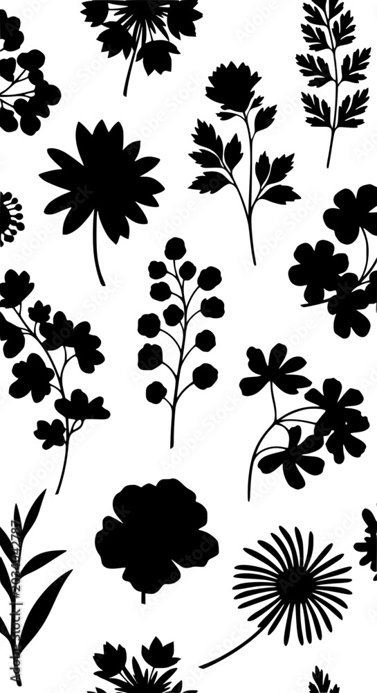 Fototapeta premium Black Floral Silhouettes Botanical Pattern on White Background
