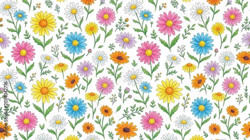 Colorful floral seamless pattern with daisies and leaves